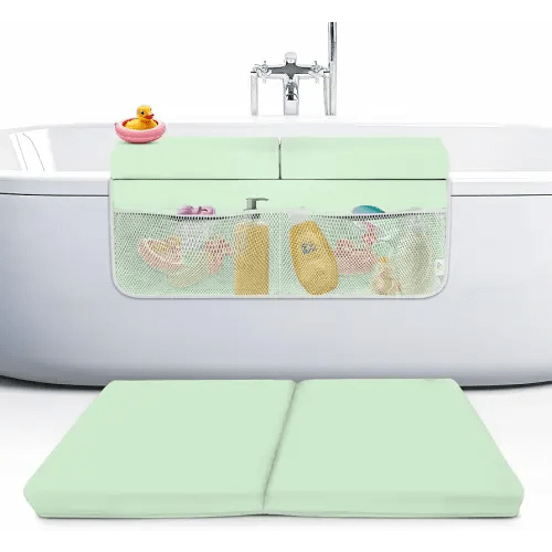 Bath Kneeler and Elbow Rest Pad Set, 2-Inch Thick, Memory Foam, Water-Resistant Mat – Baby Bath Time Essentials Cushion and Bath Kneeling Pad for Bathing Baby with Bathtub Toy Organizer (Mint Green)