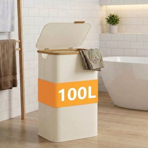 SONGMICS Laundry Hamper, Laundry Basket with Lid, Foldable Storage Basket, Bamboo Frame, Oxford Fabric, 26.4 Gal. (100 L), Cream White