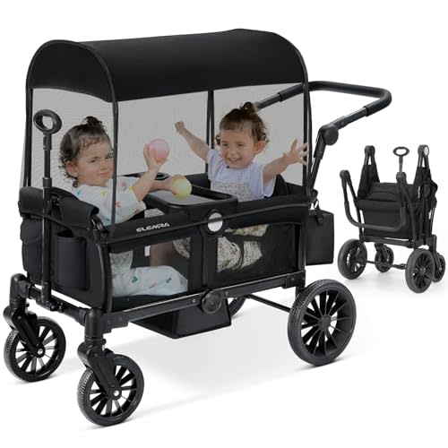 ELEMARA Wagon Stroller for 2 Kids, Premium All-Terrain Stroller with Canopy, Adjustable Push/Pull Handle Bar, Comfortable drop-down footwell and Upholstered Seats, Black