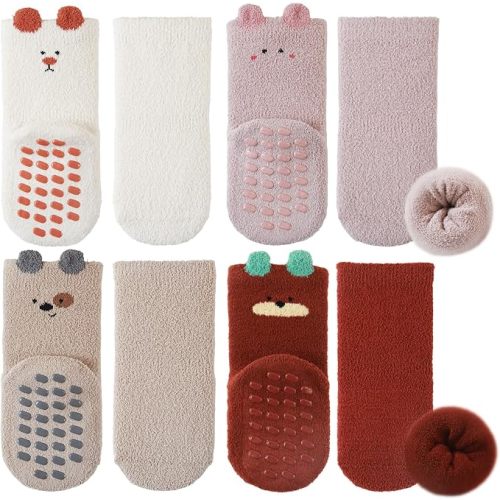 Simpeak Baby Winter Fuzzy Socks - 4 Pairs Non Slip Warm Socks,Infant Unisex Warm Thick Crew Winter Socks for Baby 0-5 Years