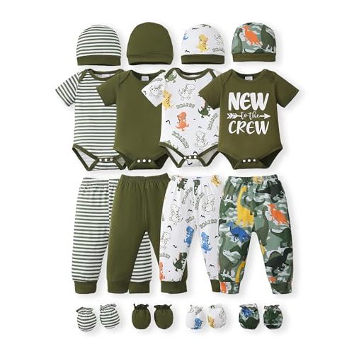 NZRVAWS Newborn Baby Boy Girl Clothes Unisex Infant Romper Pants Set Hat 4-Pack Outfits 0-12 Months 16 Pieces Toddler