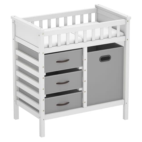 BABY JOY Wooden Baby Changing Table, Diaper Changing Station with 3 Storage Drawers, Laundry Hamper, Waterproof Changing Pad & Safety Belt, Modern Nursery Furniture for Daycare Bedroom (Gray)