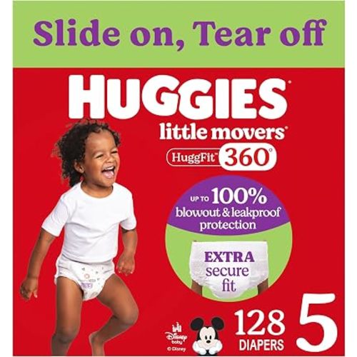 Huggies Size 5 Baby Diapers, Little Movers HuggFit 360° Baby Diapers with 360° Waistband, Size 5 (27+ lbs), 128 Count (2 Packs of 64), Packaging May Vary