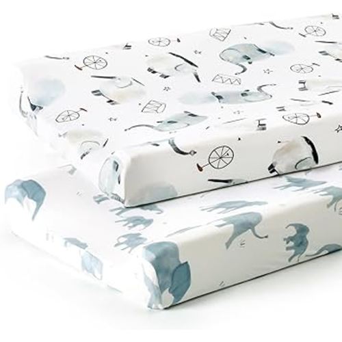 GRSSDER Stretch Ultra Soft Jersey Knit Changing Pad Cover Set 2 Pack, Change Table Pad Covers Fit 32"/34" x 16" Pads Safe and Snug, Cute Diaper Changing Pad Covers of Elephant Print