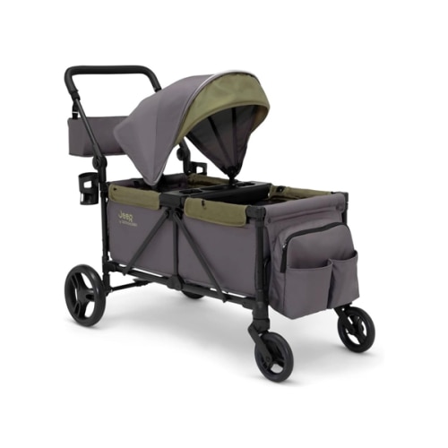 Jeep Sport All-Terrain Stroller Wagon by Delta Children - Includes Canopy, Parent Organizer, Adjustable Handlebar, Snack Tray & Cup Holders, Grey/Olive Green