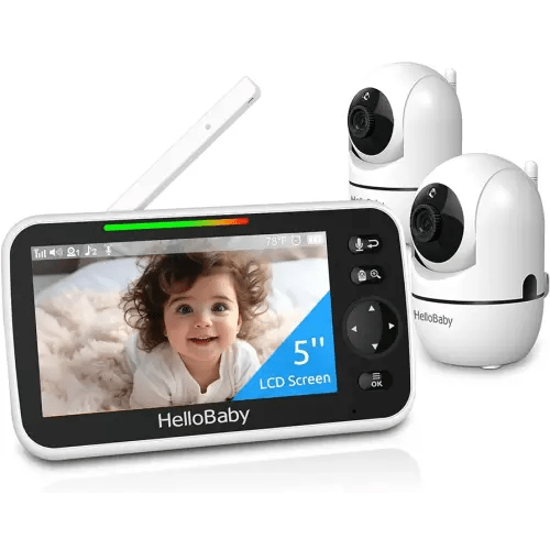 HelloBaby 5’’ Baby Monitor with 26-Hour Battery, 2 Cameras Pan-Tilt-Zoom, 1000ft Range Video Audio Baby Monitor No WiFi, VOX, Night Vision, 2-Way Talk, 8 Languages and Baby Registry Search