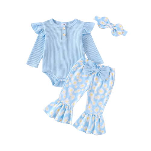 Loicainy Baby Toddler Girls 3 Piece Flare Pants Outfits 3 6 9 12 18 Months Ribbed Long Sleeves Romper and Daisy Print Elastic Pants Headband Set Fall Spring Clothes Set