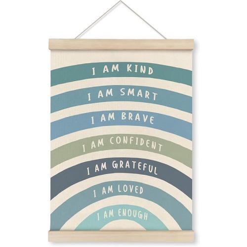 HRQKO Blue I Am Kind Smart Inspirational Poster Hanger Frame, Boho Rainbow Wall Art with Wooden Frames, Positive Affirmation Hanging Decor for Nursery Toddler Room, Mental Health Decor, 12x16 inch