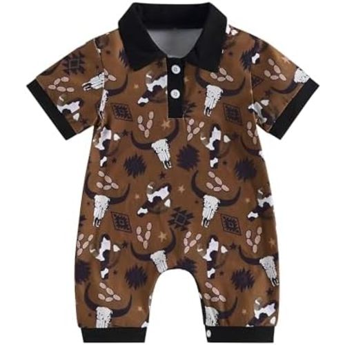 Newborn Baby Boy Western Romper Clothes Infant Lapel Cow Print One-piece Bodysuit Jumpsuit 0-18 Months