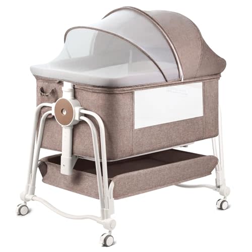 suihuooo 4 in 1 Baby Bassinet Bedside Sleeper, Rocking Baby Crib with Lockable Wheels, Storage, Mosquito Net and Matress Included, 7 Level Adjustable Bedside Bassinet for Baby Newborn(Khaki)