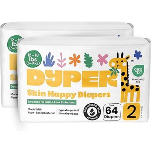 DYPER - Pack of 2 Baby Diapers Size 2 (64 Count) - Leak Proof, Plant Based, Hypoallergenic & Ultra Absorbent Disposable Diaper for Day & Overnight, Skin-Friendly Comfort Size 2 Diapers (12-18 lbs)