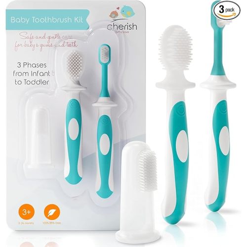 Cherish Baby Care Baby Toothbrush & Toddler Toothbrush Set (0-2 Years) - BPA-Free & Safety-Tested, 2023 Award Winner, Food-Grade Silicone (Teal)