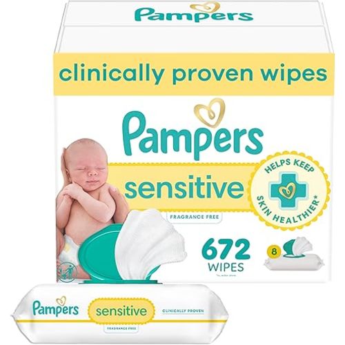Pampers Baby Wipes, Sensitive, Water Based Wipe, Clinically Proven, Hypoallergenic, and Unscented for Babies, 672 Wipes Total (8 Flip-Top Packs) [Packaging May Vary]
