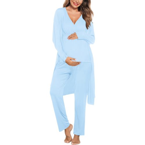 SWOMOG Maternity Nursing Robe Set 3 Piece Postpartum Breastfeeding Pajamas 3 in 1 Hospital Labor Delivery Pregnancy Pjs