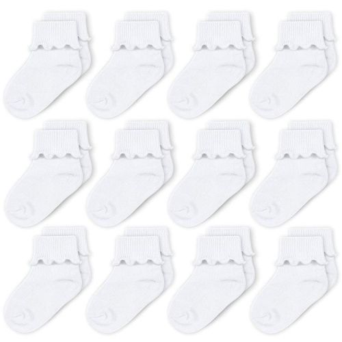 Cozyway Baby Girls Socks, Ruffle Ripple Edge Turn Cuff Ankle Socks Infants 0-9 Months - 12 Pack, White