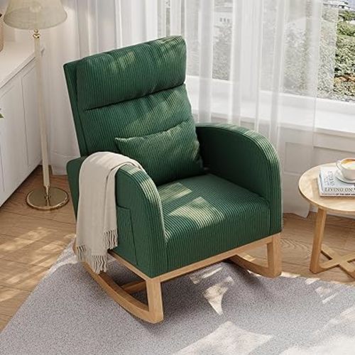 Garvee Rocking Chair, Corduroy Glider Chair with Side Pockets, Nursery Chair with Pillow, Rocking Accent Armchair for Living Room Bedroom Nursing Room, Green