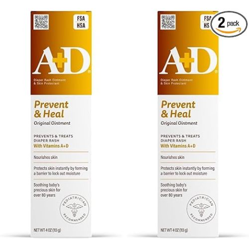 A+D Original Diaper Rash Ointment Prevents & Treats Diaper Rash, Moisturizing Skin Protectant with Vitamins A & D, Healing Skin-Ointment for Dry and Cracked Skin 4oz (Pack of 2)