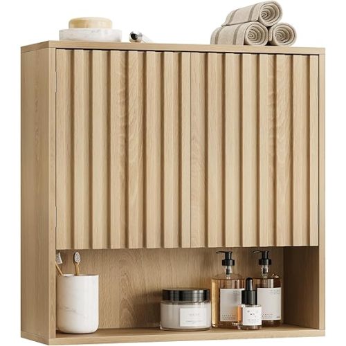 Bathroom Wall Storage Cabinet with Fluted Doors, Medicine Cabinet with Adjustable Shelf, Over The Toilet Storage Cabinet for Laundry Room & Kitchen & Living Room, Natural Oak