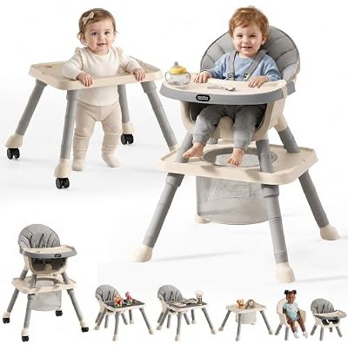 9-in-1 Convertible Baby High Chair for 6 Months to 8 Years, Grow-with-Me Highchair for Toddlers and Infants with 5-Point Safety Harness, Lockable Wheels, Adjustable Removable Tray, BPA-Free (Grey)