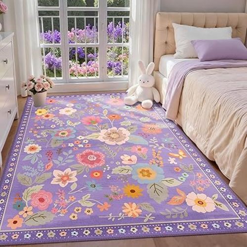 Floral Nursery 3x5 Area Rugs Washable Print Boho Cute Carpet Non Slip Flower Low Pile for Living Room Kids Girls Playroom Bedroom Kitchen Office Farmhouse-Purple/Pink/Multi