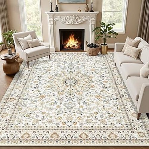 6x9 Area Rugs Living Room Rug: Washable Vintage Boho Rug No Slip Stain Resistant Soft Carpet Indoor Floor Floral Large Carpets for Bedroom Dining Room Farmhouse Nursery Home Office Beige