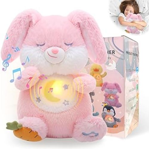 Emoin Breathing Bunny Plush, Breathing Stuffed Animal Sleep Buddy Bunny Teddy Plush with Light and Musical Doll for Adults and Kids,Anxiety Teddy for Adults