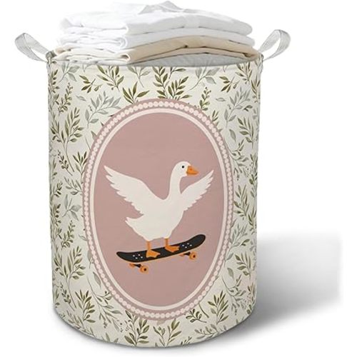 Pink Goose Nursery Laundry Basket Hamper,Cottagecore Botanical Skateboard Goose Foldable Clothes Toys Books Storage Box Bins Baskets Organizer for Girls Nursery Bedroom Bathroom