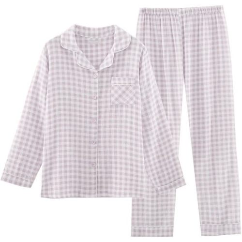 codcm Womens Cotton Pajama Sets Long Sleeve Button Down Shirt and Pants Sleepwear 2 Piece Gingham Pj Set