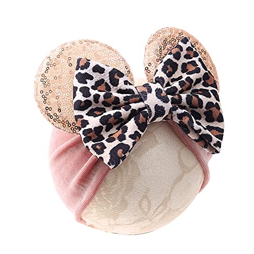 JIAHANG Baby Leopard Bows Turban Knotted Head Wraps, Hair Bows Headbands Stretchy Hair bands for Infant Toddlers Girls (pink leopard)