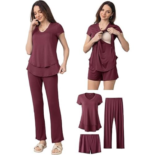SUNNYBUY 3 PCS Maternity Breastfeeding Pajamas Set, Hidden Nursing Tops, Adjustable Pregnancy Shorts & Pants Postpartum PJS