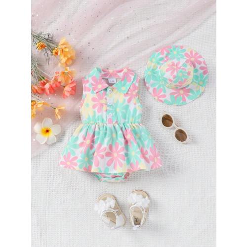 Baby Girls Sleeveless Floral Print Open Front Lapel Ruffle One-Piece Bodysuit + Sun Hat, Summer | SHEIN USA