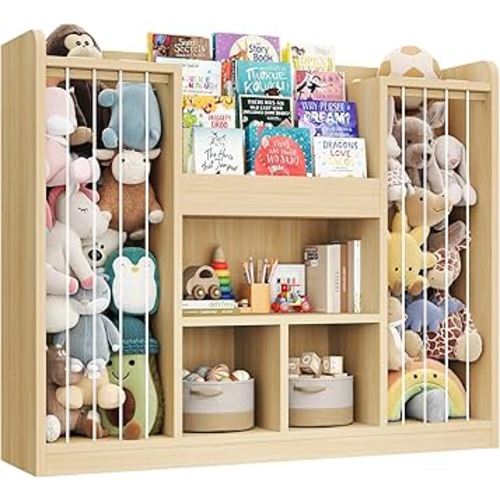 ONBRILL Two Wooden Stuffed Animal Storage, Toddler Toy Storage Organizer with 4-Tier Kids Bookshelf and 3 Open Cube Shlef, Multifunctional Bookcase for Kids Rooms Playroom Nursery