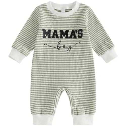 Newborn Baby Boy Fall Clothes Mamas Boy Letter Embroidery Long Sleeve Romper Waffle Stripe Winter Jumpsuit Oneise