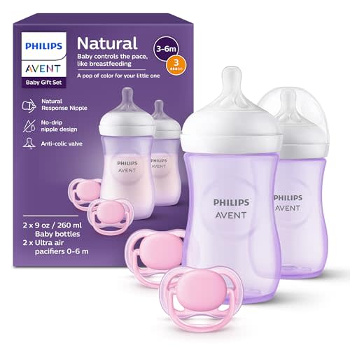 Philips Avent Natural Baby Gift Set, 2X 9oz Bottles with Natural Response Nipples (Medium Flow, Flow 3), 2X Ultra Air Pacifiers, Pink, SCD837/01