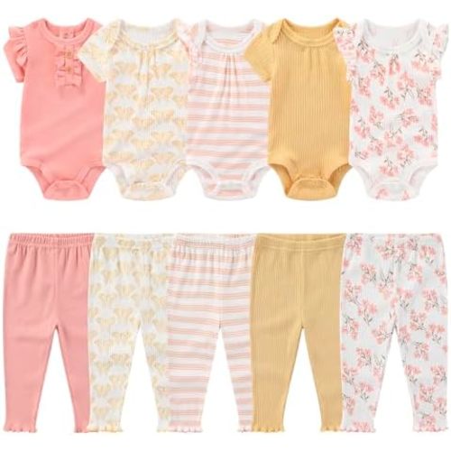 MAMIMAKA Newborn Baby Layette Gift Set 10-Piece Baby Boy Girl Short Sleeve Bodysuits with Pants Infant Outfit Essentials