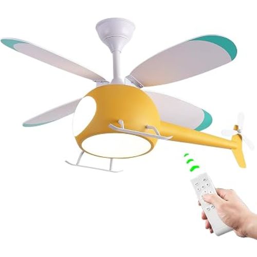 Children's Bedroom Ceiling Fan with lights,Remote control speed,Dimmable Kids Room Cartoon Ceiling Fan Lamp,Helicopter Model Teddy Bear Model Options Yellow