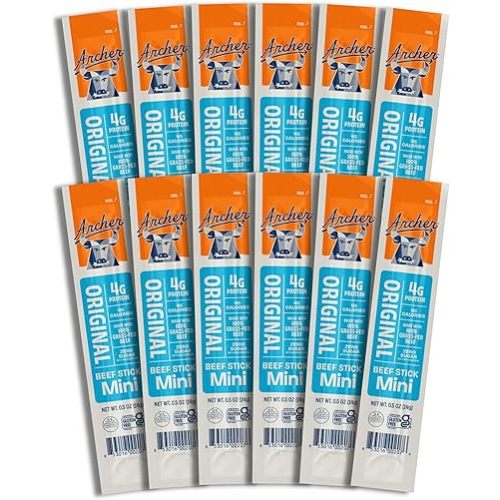 Archer Jerky Mini Beef Jerky Sticks - Grass Fed Beef Sticks Individually Wrapped, Bulk Snack Packs, Gluten Free, Paleo, Keto - .5 oz (Pack of 12)