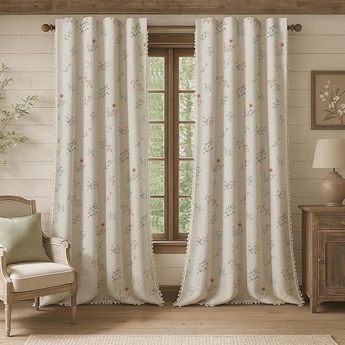 Farmhouse Floral Curtains 96 Inches Long 100% Blackout Living Room Drapes, Linen Blend Bohemian Window Curtain Panels with Tassel Bedroom 2 Panels Thermal Insulated Room Darkening