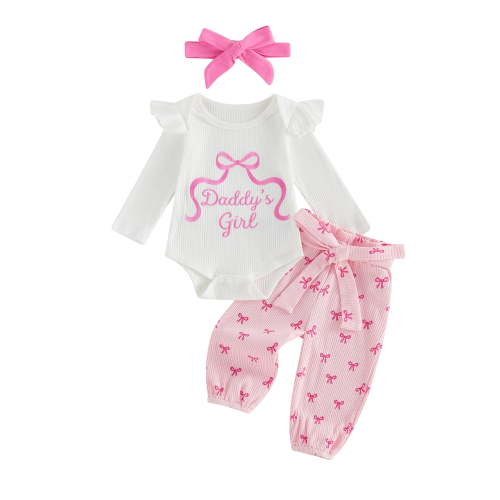 RUINIXCW Nebworn Baby Girl Daddy's Girl Outfit Infant Baby Girl Spring Winter Clothes Long Sleeve Bow Embroidery Romper and Belted Pants Headband Set
