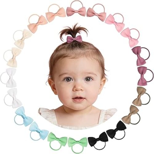 CÉLLOT Durable Hand-Sewn Tiny 2-inch Hair Bows with Rubber Bands - Ponytail Holders and Gifts for Baby Girls, Infants, Toddlers