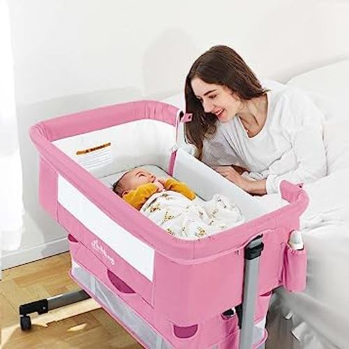 Ihoming Baby Bassinet Bedside Sleeper, Baby Bed Side Crib with Storage Basket, Easy Folding Bassinets, Adjustable Baby Bed for Infant Newborn, Pure Pink