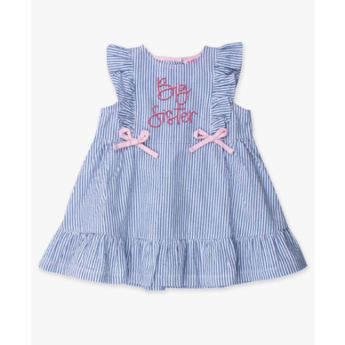 Hot Pink Big Sister Embroidered Classic Blue Seersucker Sleeveless Pinafore Bow Dress