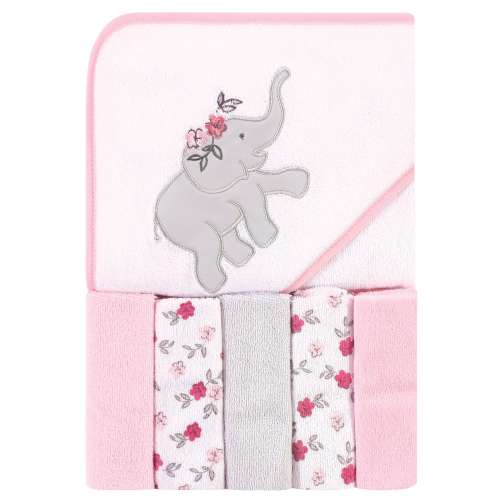 Hudson Baby Infant Girl Hooded Towel and Five Washcloths, Floral Elephant, One Size - Floral Elephant - One Size