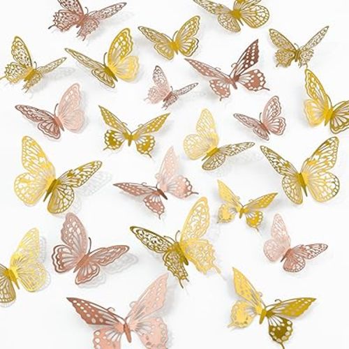 Butterfly Wall Decor, 48pcs 3D Butterfly Stickers in 3 Sizes & 4 Styles for Balloon Arch & Cake Decorations, Cute Decals for Girls Room & Birthday Party, Gold & Rose Gold