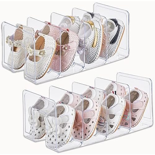 Clear Acrylic Kids Shoe Rack for Closet Organizers and Storage | 2 Pack Small Shoe Rack 4 Sections Toddler Baby Shoe Storage Organizer Stackable Shoe Shelf, Desk File Sorter Book Purse Organizer