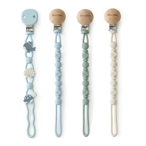 Moonkie Silicone Pacifier Clips for Baby – Durable One-Piece Binky Holder, Mixed Styles Paci Clips, Baby Essentials for Newborn Boys & Girls - 4 Pack (Sea Whispers)