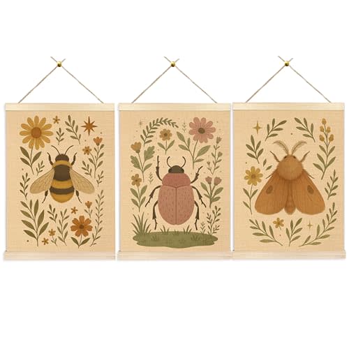 Ecezatik Vintage Floral Insect Wall Art Decor, Rustic Bee Beetle Moth Wildflower Botanical Poster Hanger Frame for Kids Boys Girls Room Nursery Playroom, 12x16 Inch Set of 3