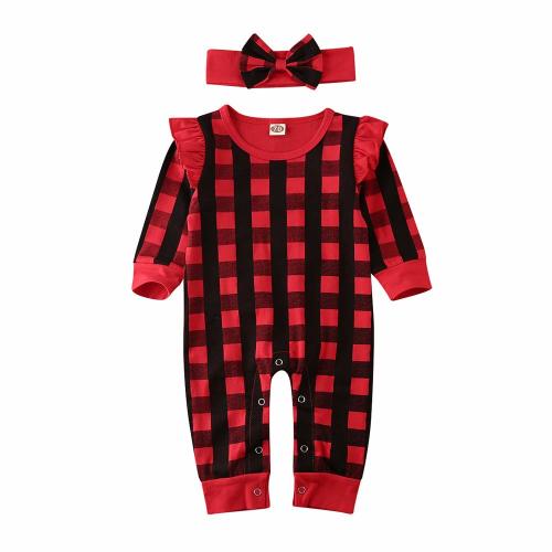 Infant Baby Girls Ruffle Plaid Jumpsuit Romper Long Sleeve One Piece Outfit Fall Winter Christmas Clothes (Ruffle Red Plaid, 0-3 Months)