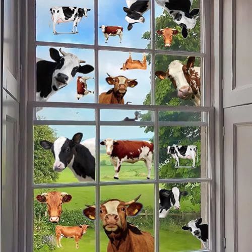 Runtoo Funny Cow Wall Decal Peeking Animal Stickers Window Clings for Kids Bedroom Nursery Farmhouse Wood Decor