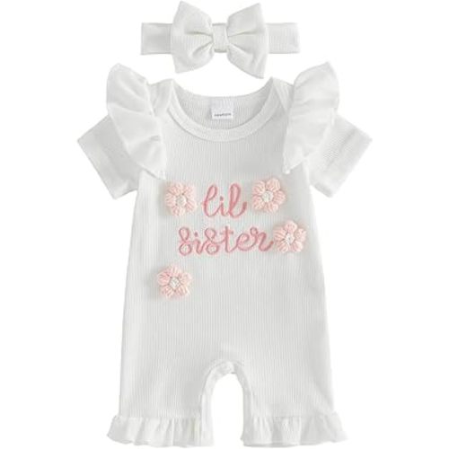 Infant Baby Girl Summer Outfit Crew Neck Little Sister Lil Sis Embroidery Romper Jumpsuit Newborn Waffle Clothes